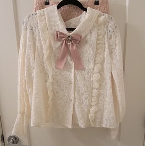 Pink/Cream Korean Fashion Blouse and Skirt Set